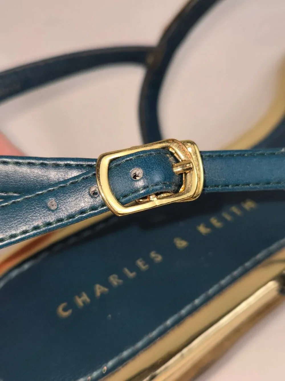 Charles & Keith Size 37 (US 7) Teal Gold Accent Leather Sandal Ankle Strap